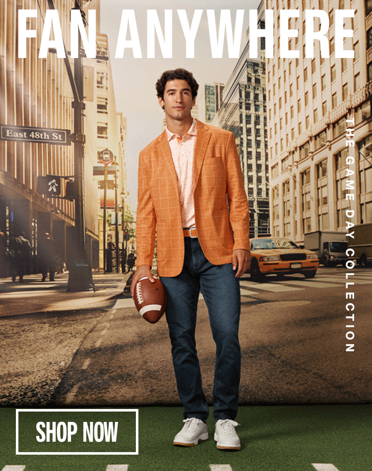 Promotional banner for the "Fan Anywhere" Game Day Collection featuring four men wearing sport-inspired casual outfits in different urban and indoor settings, with the text "FAN ANYWHERE &ndash; THE GAME DAY COLLECTION."